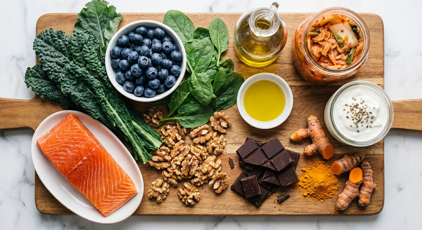 Colorful array of brain-healthy foods including berries, fish, leafy greens, and fermented foods