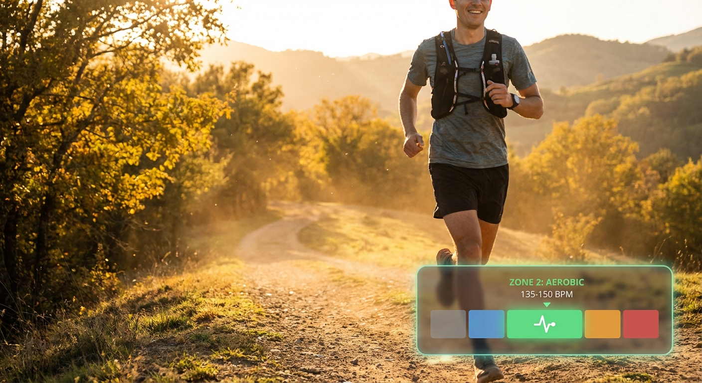 Runner on a trail at moderate intensity with heart rate zone overlay showing zone two