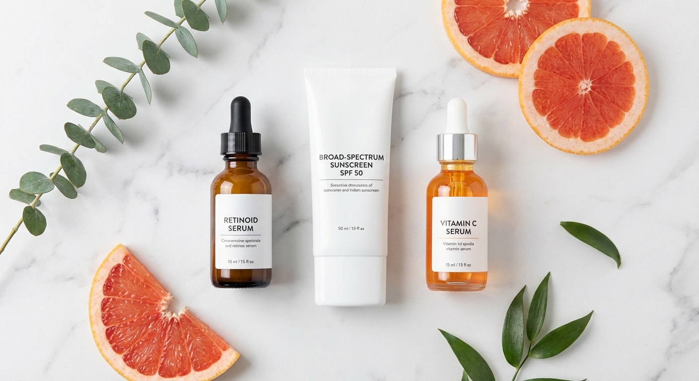 Skincare products including retinoid serum and sunscreen arranged with scientific precision
