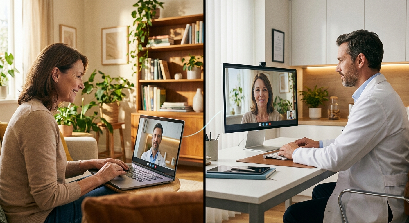 Split view showing patient at home and physician at desk during telemedicine consultation