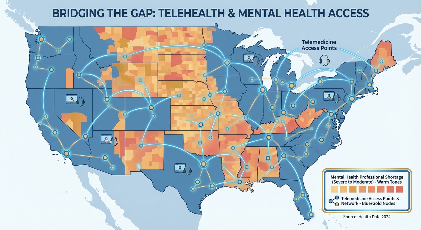 Map of United States highlighting rural healthcare shortage areas with telemedicine access points