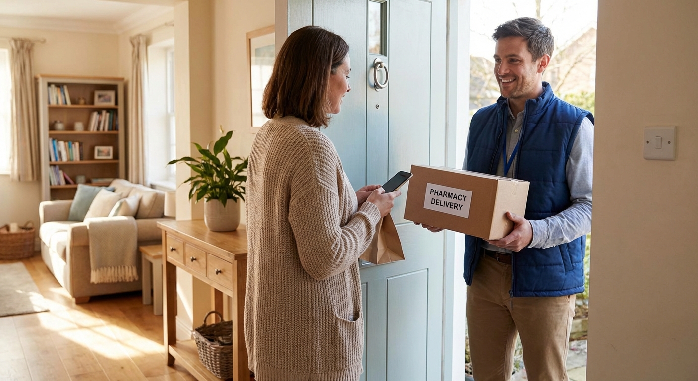 Person at home pharmacy picking up telemedicine prescription from delivery service