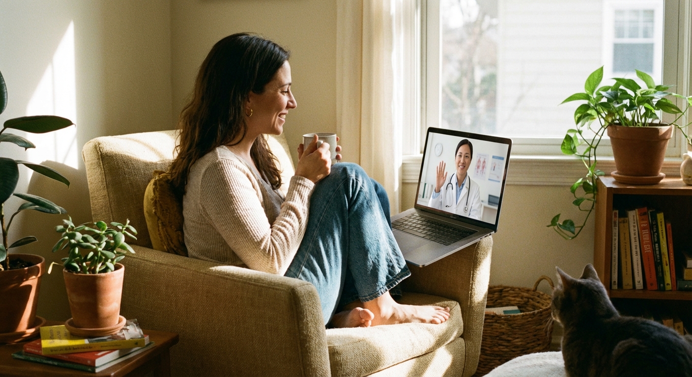 Person having video consultation with doctor on laptop screen in comfortable home setting