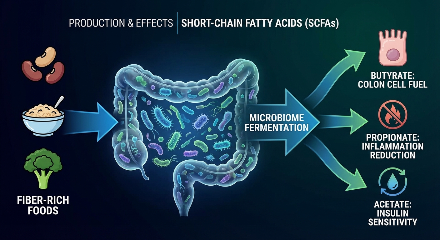 Diagram showing fiber fermentation by gut bacteria producing beneficial short-chain fatty acids