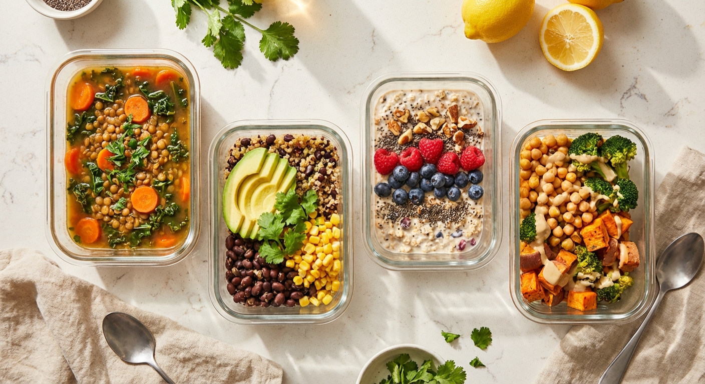 Overhead photo of meal prep containers filled with high-fiber meals featuring beans grains and vegetables
