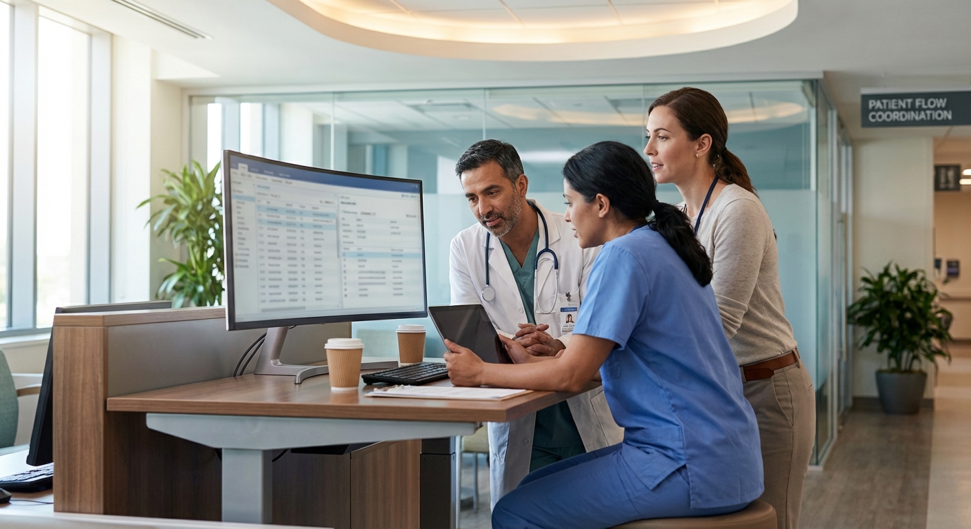 Healthcare team including psychiatrist nurse and social worker consulting at modern emergency department station
