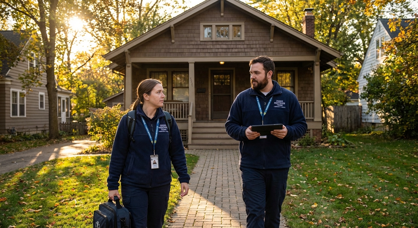 Mobile mental health crisis response team approaching a residential area to provide community-based care