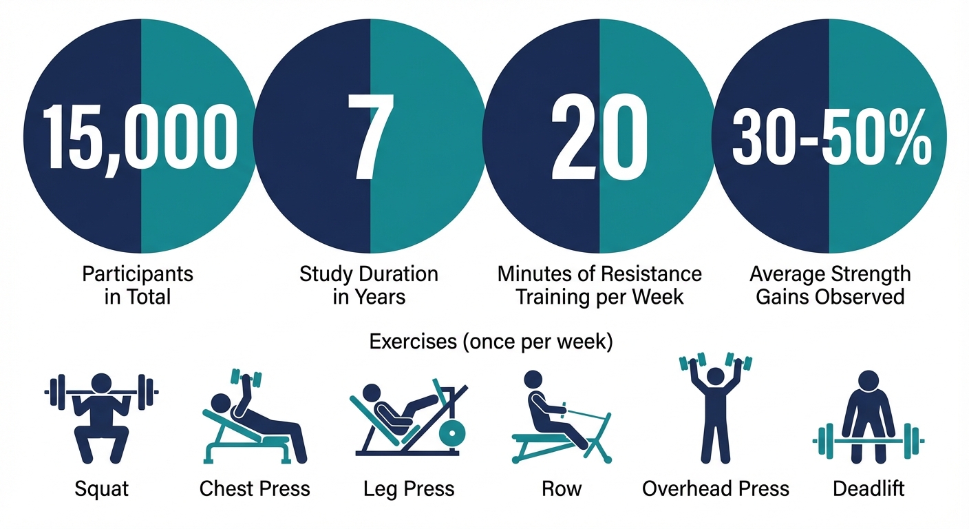 Infographic showing study details: 15,000 participants, 7 years, 20 minutes weekly, 30-50% strength gains