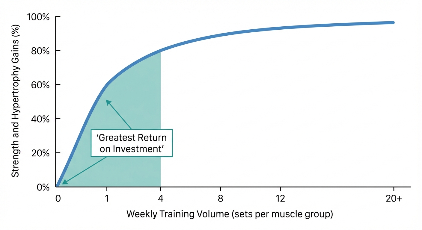 Graph showing diminishing returns curve of exercise volume versus strength and muscle gains