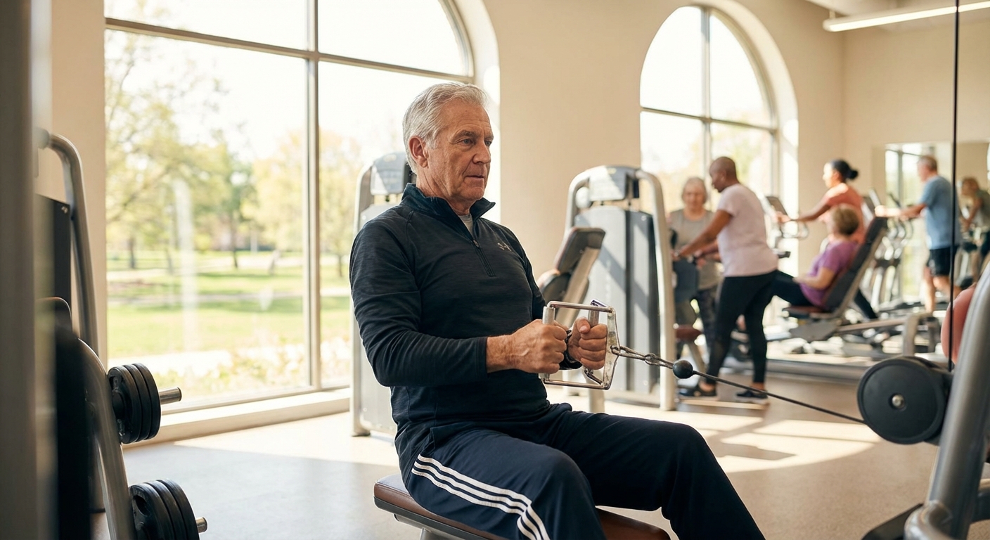 Person of retirement age performing seated row exercise with focused form in well-lit gym