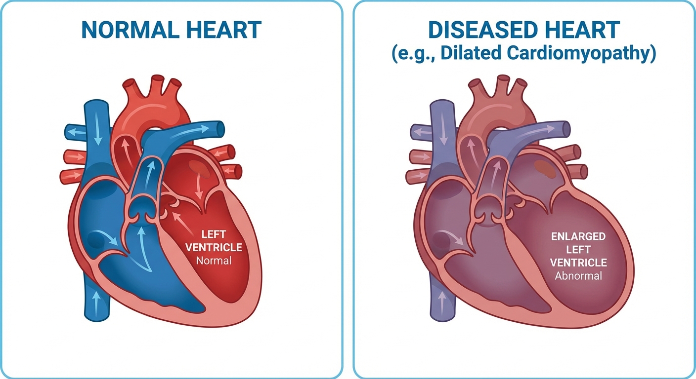 Medical infographic comparing normal heart shape with takotsubo ballooning pattern