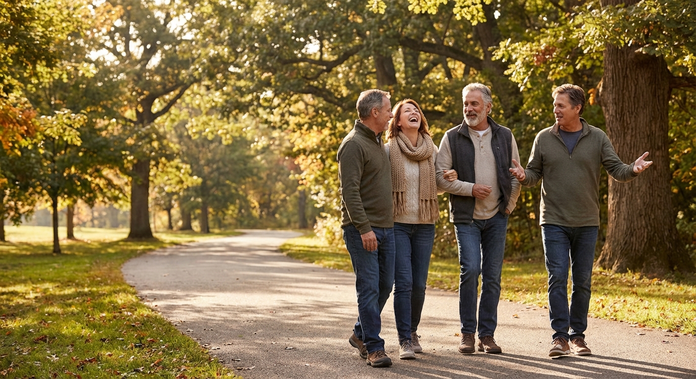 Diverse group of adults walking together in a park, laughing and enjoying each other's company