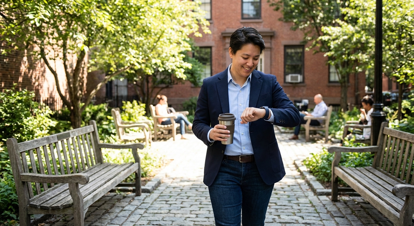 Person checking a smartwatch while walking casually through a park after lunch