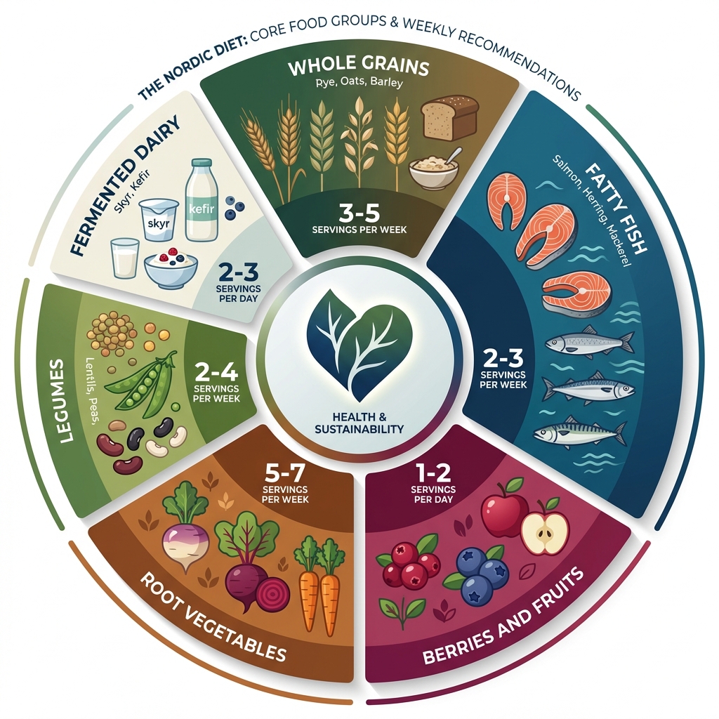 Infographic comparing key Nordic diet food groups with daily serving recommendations