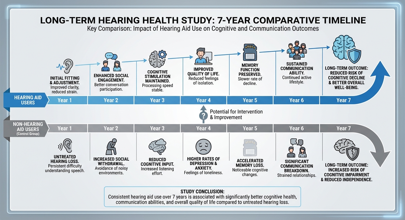 Infographic comparing dementia rates between hearing aid users and non-users over seven years