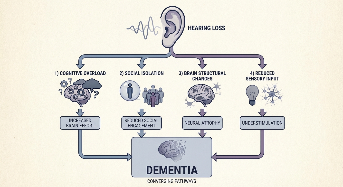 Conceptual diagram showing four pathways linking hearing loss to cognitive decline and dementia