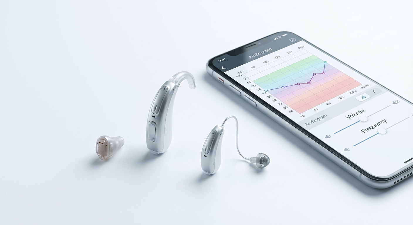 Modern hearing aid devices displayed alongside smartphone app showing hearing profile settings