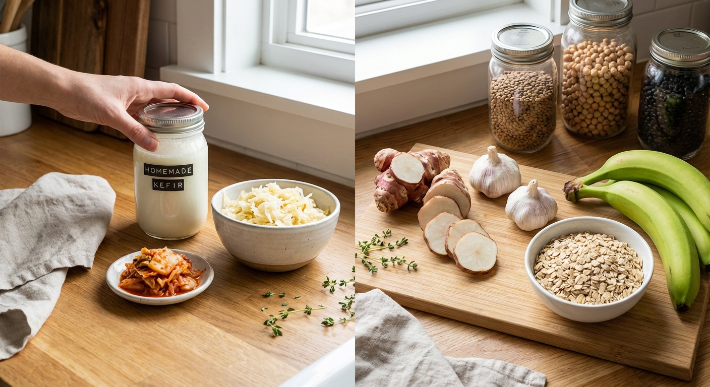 Colorful spread of fermented foods and prebiotic fiber sources arranged on a kitchen counter