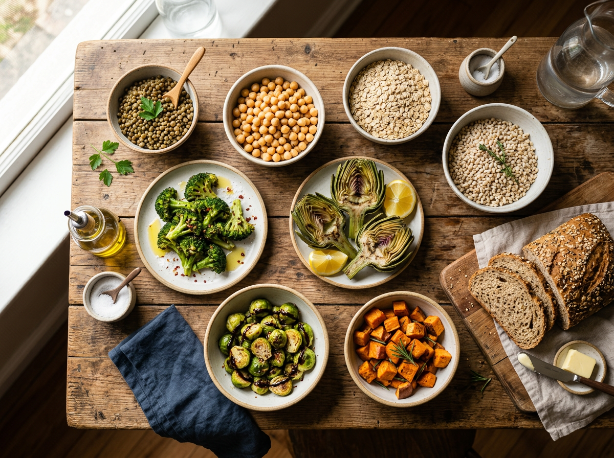 Colorful array of high fiber foods including legumes grains and vegetables