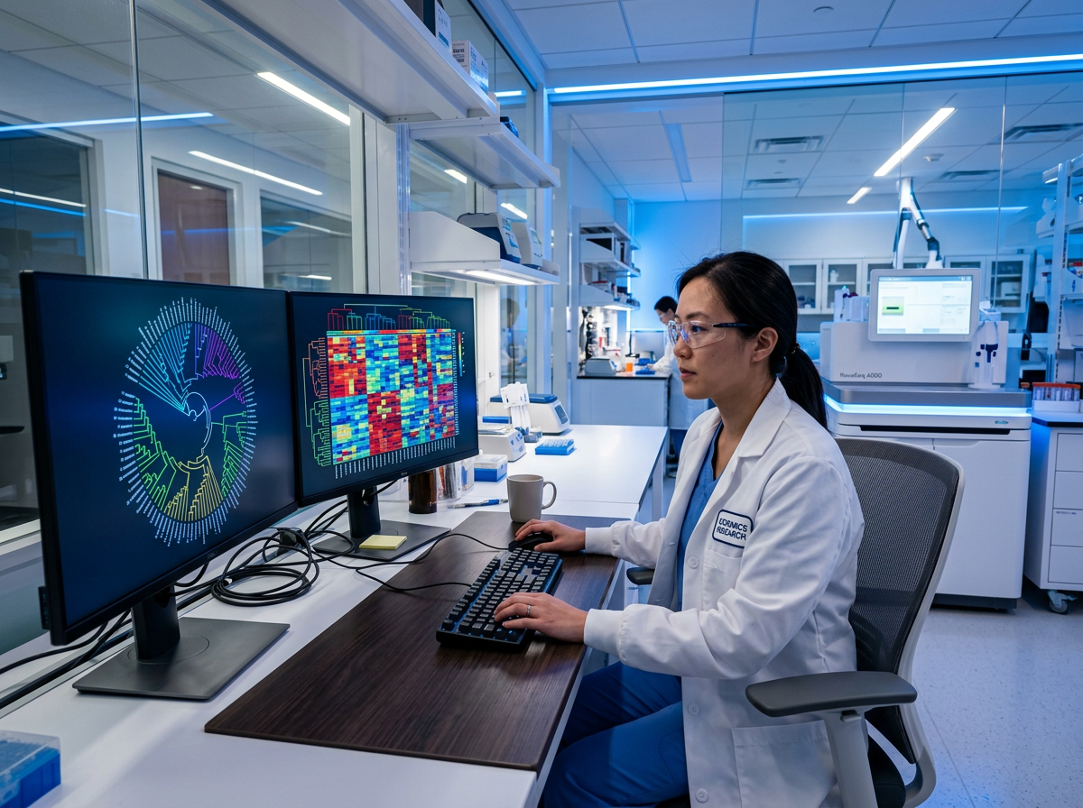 Researcher analyzing microbiome data on computer screens in modern laboratory