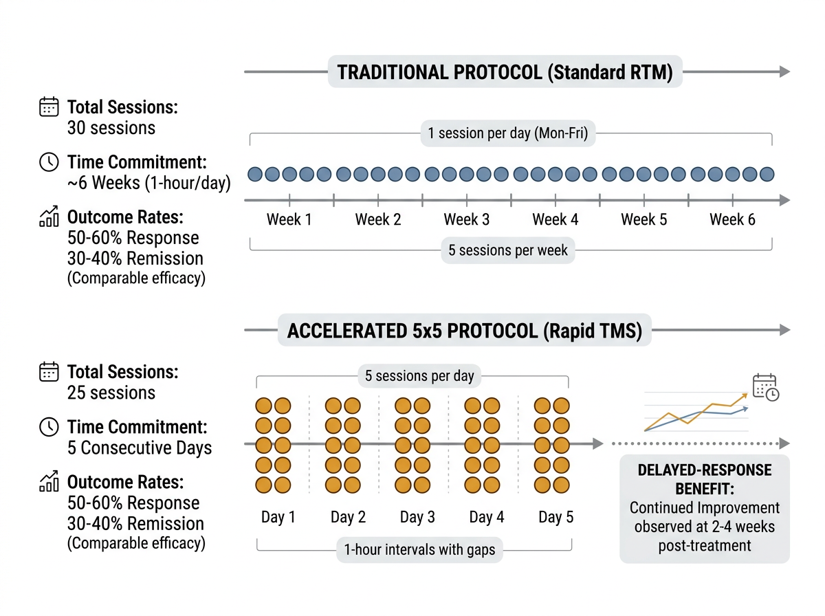 Timeline graphic showing compressed five day TMS protocol versus traditional six week schedule