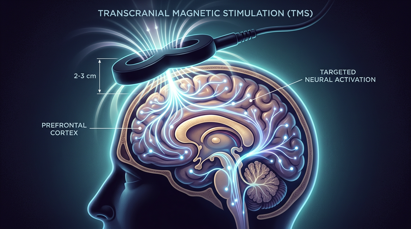 Conceptual illustration of magnetic brain stimulation with neural pathways lighting up in blue