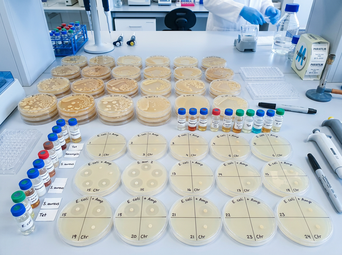 Laboratory petri dishes showing gut bacteria growth inhibited by chemical contaminants