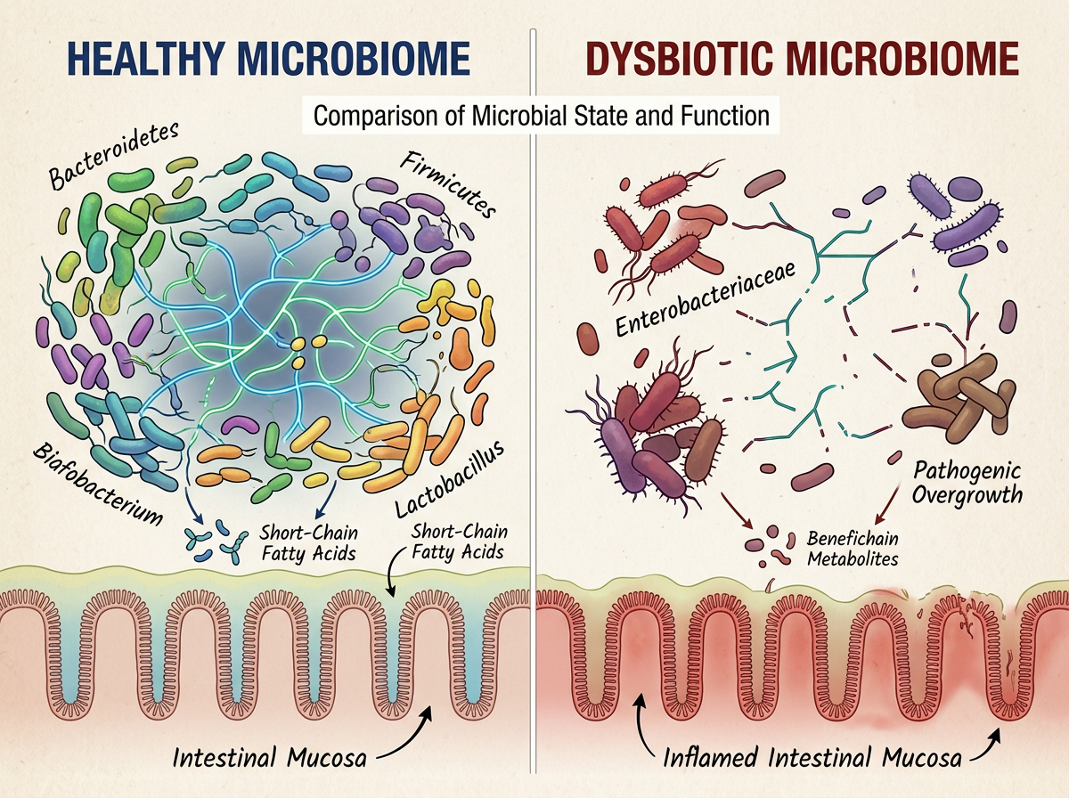 Split comparison of healthy diverse gut microbiome versus depleted chemical-damaged microbiome