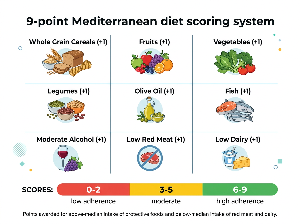 Infographic showing Mediterranean diet scoring system with nine food categories and points