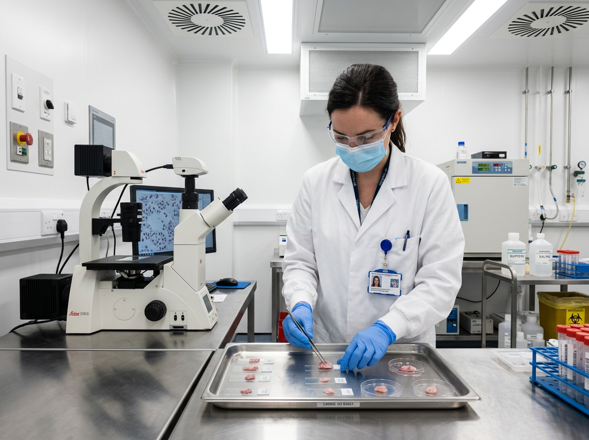 Researcher in sterile clean room examining tissue samples with non-plastic instruments
