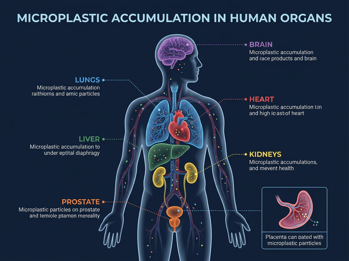Human body outline showing organs where microplastics have been detected highlighted in color