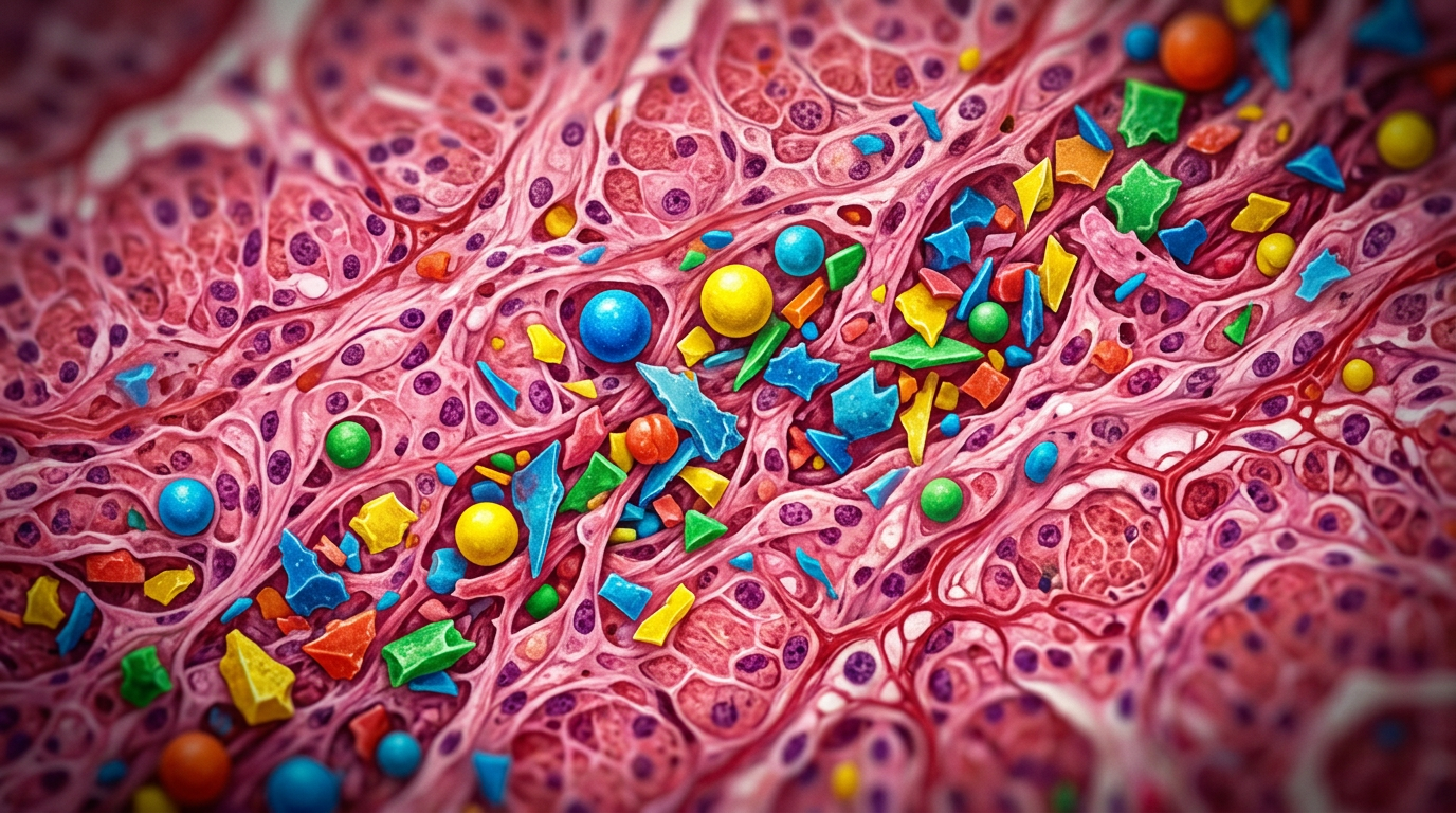 Microscopic view of tiny colorful plastic particles embedded in biological tissue