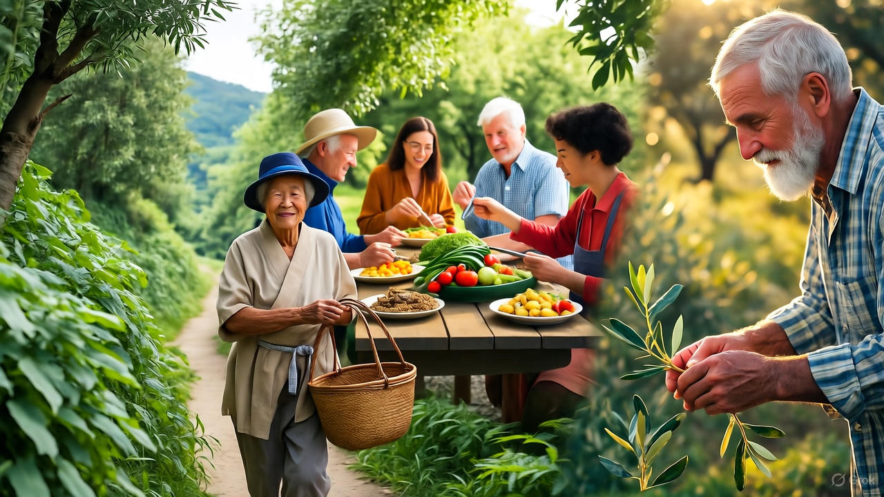 Elderly residents of a Mediterranean village socializing outdoors at a communal table
