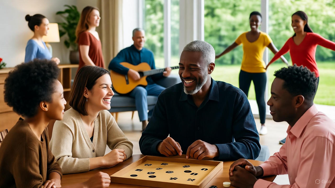A diverse group of friends having coffee together at a cafe, engaged in genuine conversation